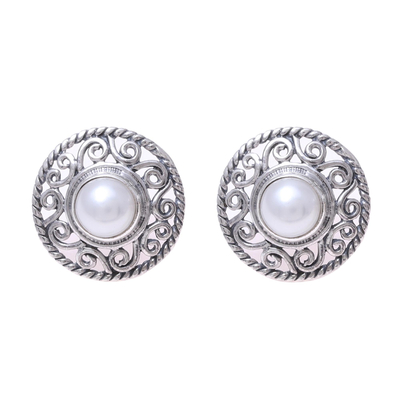 Cultured Pearl Sterling Silver Scrollwork Button Earrings