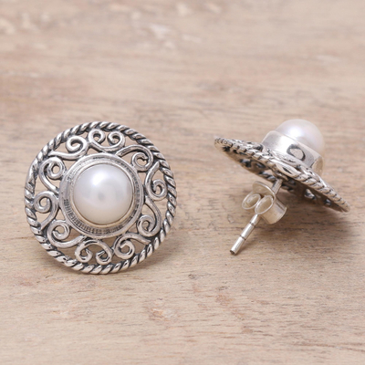 Cultured pearl button earrings, 'Crowned Moonlight' - Cultured Pearl Sterling Silver Scrollwork Button Earrings