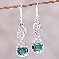 Malachite dangle earrings, 'Meadow Dance' - Round Malachite in Sterling Silver Swirls Dangle Earrings