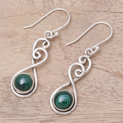 Malachite dangle earrings, 'Meadow Dance' - Round Malachite in Sterling Silver Swirls Dangle Earrings