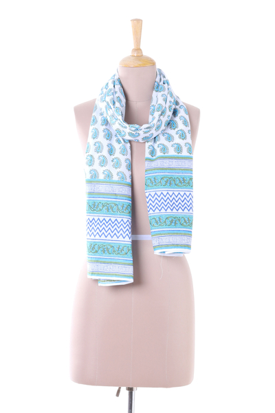 Cotton scarf, 'Paisley Elegance' - Blue White and Green Paisley Chevron Vines Cotton Scarf