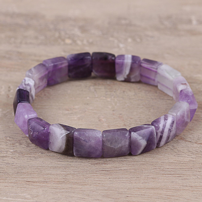 Agate beaded stretch bracelet, 'Divine Purple' - Handmade Purple and White Agate Beaded Stretch Bracelet