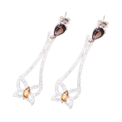 Smoky quartz and citrine dangle earrings, 'Textured Butterflies' - Smoky Quartz and Citrine Butterfly Earrings from India
