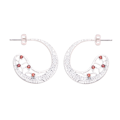 Garnet half-hoop earrings, 'Cherry Crescents' - Garnet Half-Hoop Earrings Crafted in India