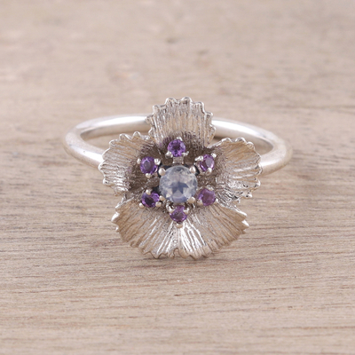 Rainbow moonstone and amethyst cocktail ring, 'Radiant Soul' - Floral Rainbow Moonsotne and Amethyst Ring from India
