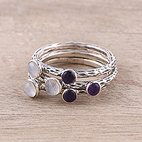 Rainbow moonstone and amethyst stacking rings, Mystic Union (set of 3)