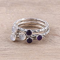 Rainbow moonstone and amethyst stacking rings, 'Mystic Union' (set of 3) - Three Rainbow Moonstone and Amethyst Stacking Rings