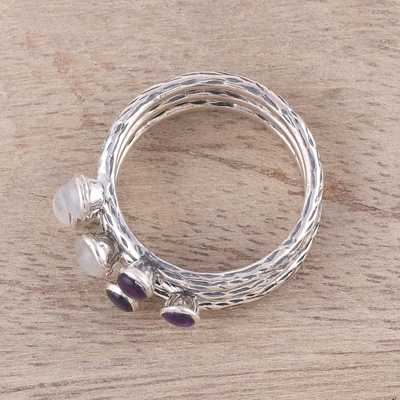 Rainbow moonstone and amethyst stacking rings, 'Mystic Union' (set of 3) - Three Rainbow Moonstone and Amethyst Stacking Rings