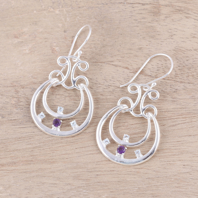 Amethyst and blue topaz dangle earrings, 'Graceful Swings' - Amethyst and Blue Topaz Dangle Earrings from India