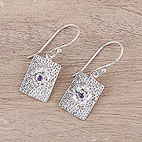 Amethyst dangle earrings, 'Floral Pictures' - Rectangular Floral Amethyst Dangle Earrings from India