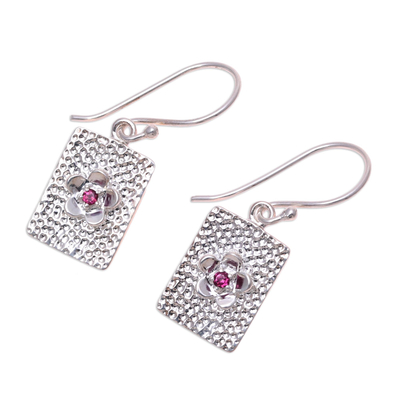 Garnet dangle earrings, 'Floral Pictures' - Rectangular Floral Garnet Dangle Earrings from India