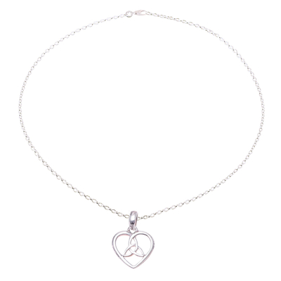 Sterling silver pendant necklace, 'Knot of Love' - Sterling Silver Heart and Knot Minimalist Pendant Necklace