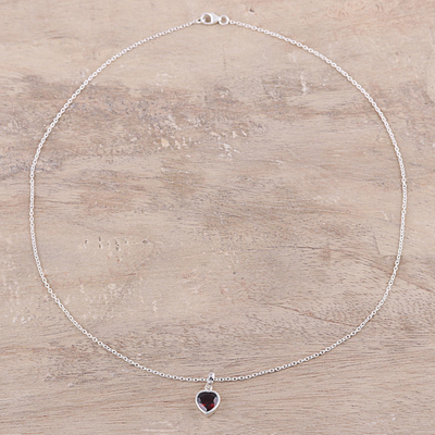 Garnet pendant necklace, 'Flaming Heart' - Sterling Silver Red Garnet Flaming Heart Pendant Necklace