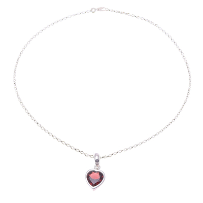 Garnet pendant necklace, 'Flaming Heart' - Sterling Silver Red Garnet Flaming Heart Pendant Necklace