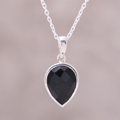 Onyx pendant necklace, 'Midnight Drop' - Sterling Silver Black Onyx Midnight Drop Pendant Necklace