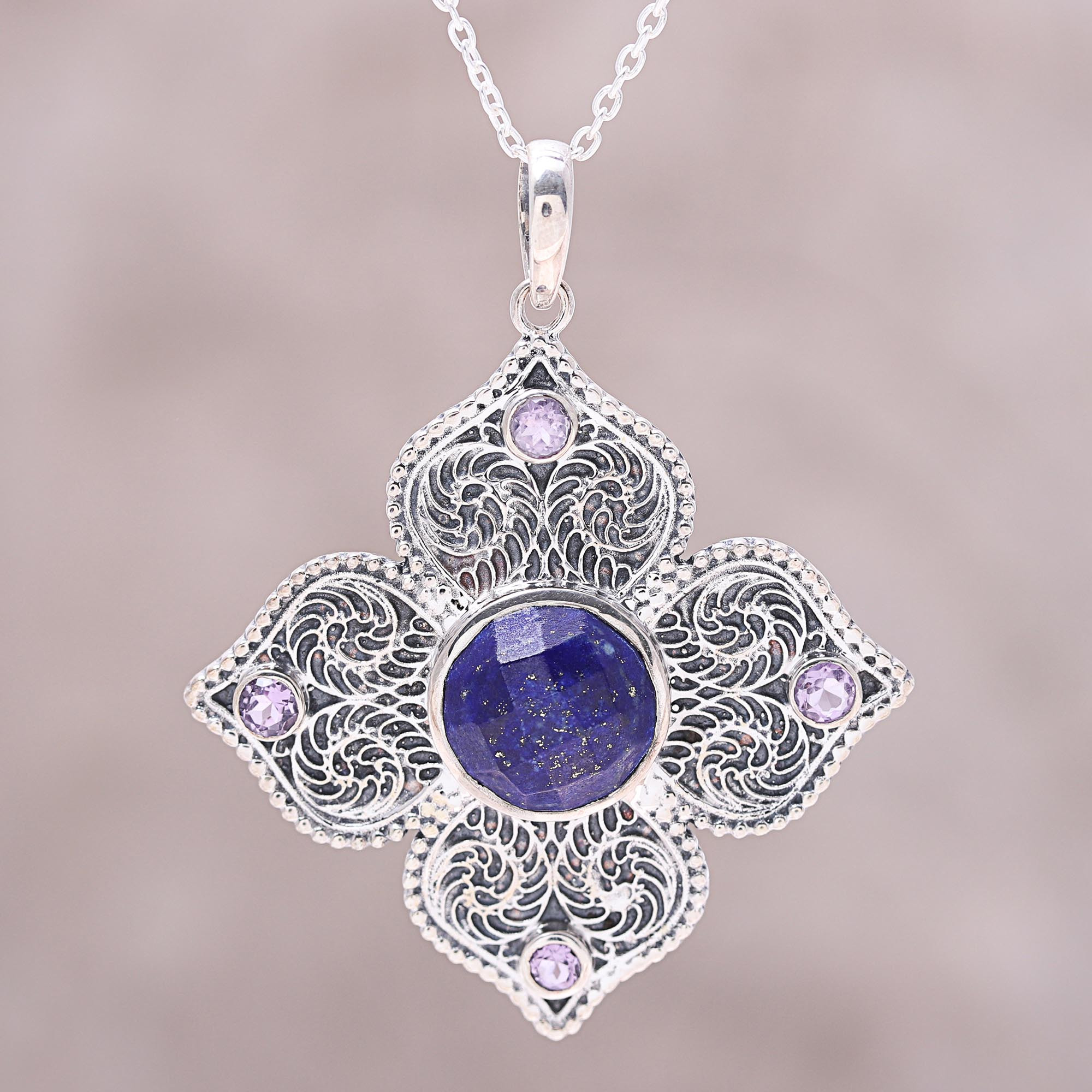 Sterling Silver Lapis Lazuli And Amethyst Pendant Necklace Garden Glamour