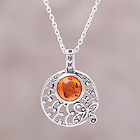 Amber pendant necklace, 'Sunny Garden' - Sterling Silver and Amber Round Butterfly Pendant Necklace