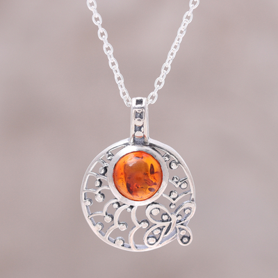Amber pendant necklace, 'Sunny Garden' - Sterling Silver and Amber Round Butterfly Pendant Necklace
