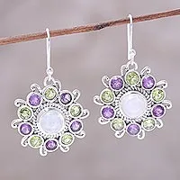 Multi-gemstone dangle earrings, 'Goddess Blooms' - Sterling Silver Rainbow Moonstone Floral Dangle Earrings