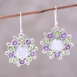 Multi-gemstone dangle earrings, 'Goddess Blooms' - Sterling Silver Rainbow Moonstone Floral Dangle Earrings