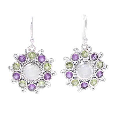Multi-gemstone dangle earrings, 'Goddess Blooms' - Sterling Silver Rainbow Moonstone Floral Dangle Earrings