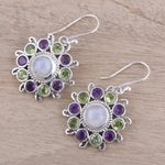 Multi-gemstone dangle earrings, 'Goddess Blooms' - Sterling Silver Rainbow Moonstone Floral Dangle Earrings