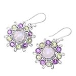 Multi-gemstone dangle earrings, 'Goddess Blooms' - Sterling Silver Rainbow Moonstone Floral Dangle Earrings