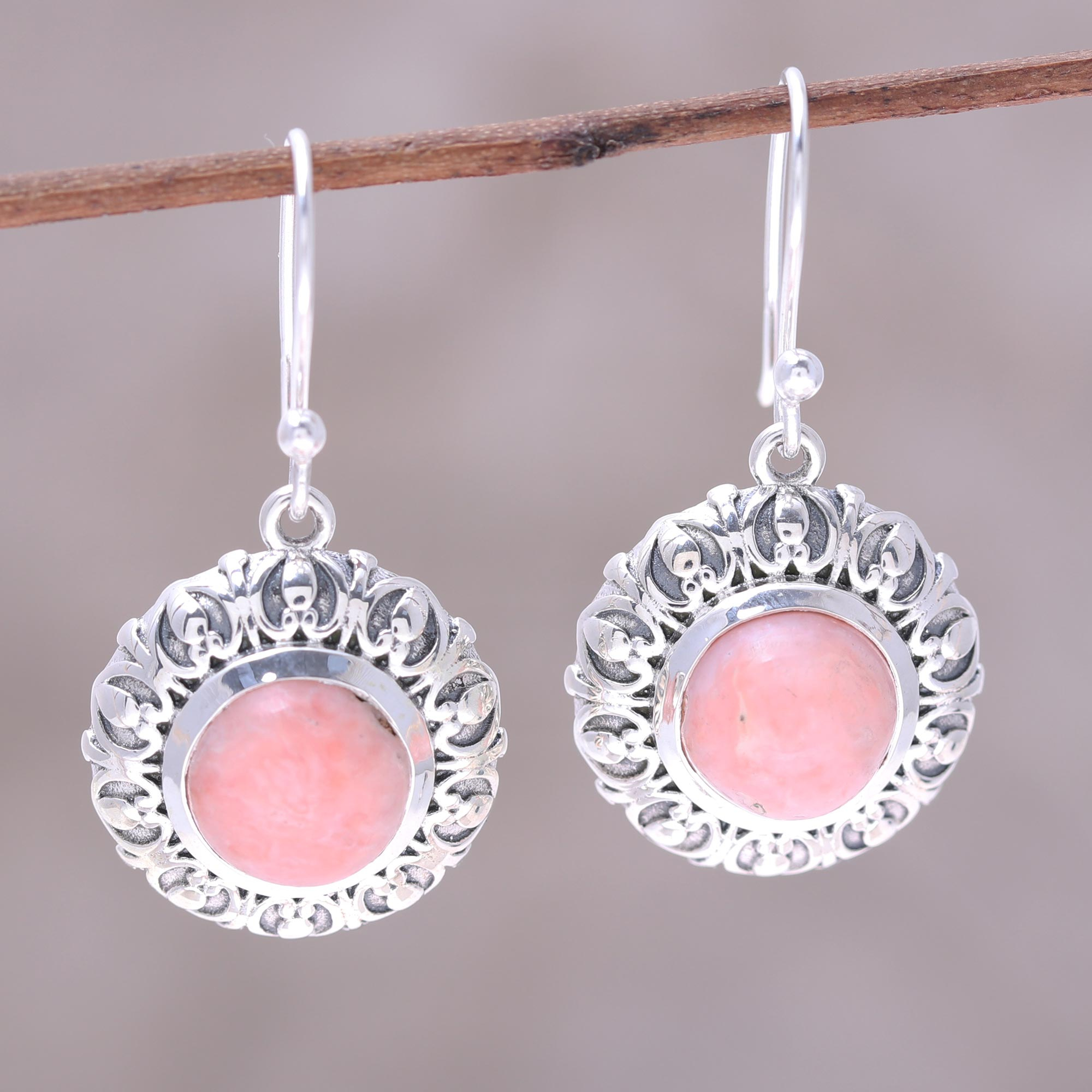 Handcrafted Sterling Silver Pink Opal Round Dangle Earrings Pink Renewal Novica 4159