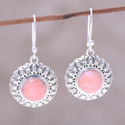 Opal dangle earrings, 'Pink Renewal' - Handcrafted Sterling Silver Pink Opal Round Dangle Earrings