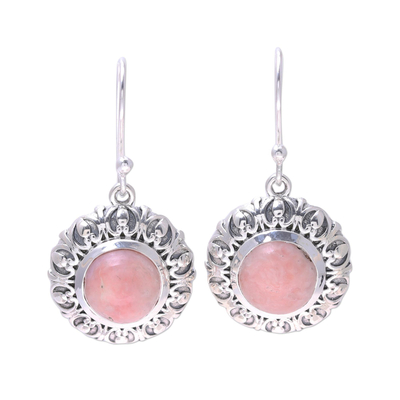 Opal dangle earrings, 'Pink Renewal' - Handcrafted Sterling Silver Pink Opal Round Dangle Earrings