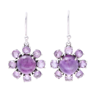 Amethyst dangle earrings, 'Purple Reflection' - Sterling Silver and Purple Amethyst Floral Dangle Earrings