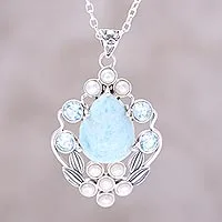 Multi-gemstone pendant necklace, 'Basket of Blossoms' - Blue Topaz and Cultured Pearl Necklace with Larimar