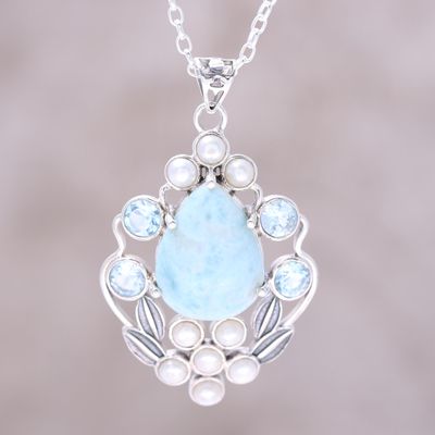 Multi-gemstone pendant necklace, 'Basket of Blossoms' - Blue Topaz and Cultured Pearl Necklace with Larimar