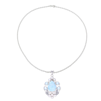 Collar con colgante de múltiples piedras preciosas - Collar de topacios azules y perlas cultivadas con larimar