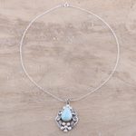Multi-gemstone pendant necklace, 'Basket of Blossoms' - Blue Topaz and Cultured Pearl Necklace with Larimar