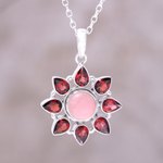 Garnet and opal pendant necklace, 'Glowing Flower' - Pink Opal and Garnet Sterling Silver Flower Necklace