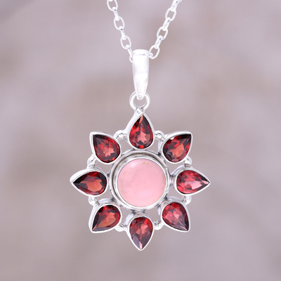 Garnet and opal pendant necklace, Glowing Flower