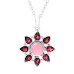 Garnet and opal pendant necklace, 'Glowing Flower' - Pink Opal and Garnet Sterling Silver Flower Necklace