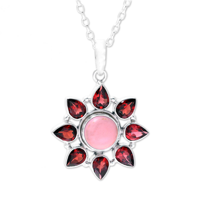 Halskette mit Granat- und Opalanhänger - Blumenhalskette aus Sterlingsilber mit rosafarbenem Opal und Granat