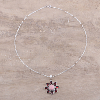 Garnet and opal pendant necklace, 'Glowing Flower' - Pink Opal and Garnet Sterling Silver Flower Necklace