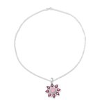 Garnet and opal pendant necklace, 'Glowing Flower' - Pink Opal and Garnet Sterling Silver Flower Necklace
