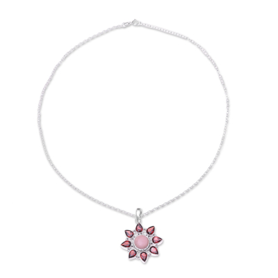Garnet and opal pendant necklace, 'Glowing Flower' - Pink Opal and Garnet Sterling Silver Flower Necklace