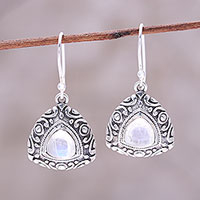 Rainbow moonstone dangle earrings, 'Waterfall Mist' - Sterling Silver and Rainbow Moonstone Triangle Earrings