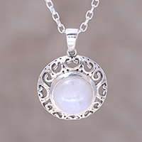 Rainbow moonstone pendant necklace, 'Glowing Moonlight' - Indian Sterling Silver and Rainbow Moonstone Necklace