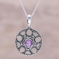 Amethyst pendant necklace, 'Lilac Fountain' - Amethyst and Sterling Silver Medallion Pendant Necklace