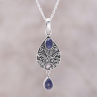 Lapis lazuli pendant necklace, 'Night Sky Dance' - Sterling Silver and Lapis Lazuli Teardrop Pendant Necklace