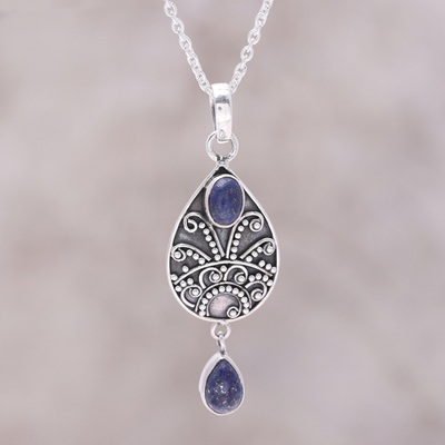 Lapis lazuli pendant necklace, 'Night Sky Dance' - Sterling Silver and Lapis Lazuli Teardrop Pendant Necklace