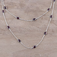 Garnet station necklace, 'Floating Red Flowers' - Red Garnet and Sterling Silver Station Necklace