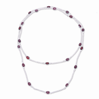 Garnet station necklace, 'Floating Red Flowers' - Red Garnet and Sterling Silver Station Necklace