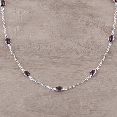 Garnet station necklace, 'Drifting Blooms' - Garnet and Sterling Silver Drifting Blooms Station Necklace